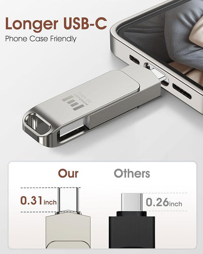 MOSDART 128GB USB3.1 Fast Speed C and A Dual Flash Drive, exFAT Memory Stick with Keychain Loop, for iPhone 15,16,17, Android Phone, iPad, MacBook, Silver