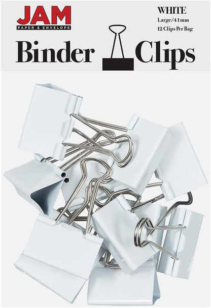 JAM PAPER Colorful Binder Clips - Large - 1 1/2 Inch (41 mm) - White Binderclips - 12/Pack