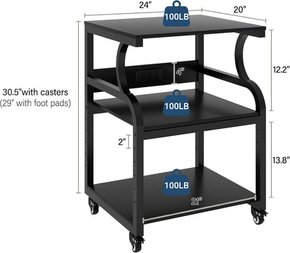 Natwind Large Printer Stand,24''x20''x29''Printer Table with Adjustable Storage Shelf,3 Tier Rolling Printer Cart with Wheels,Home Office Multifunctional Shelves for Heat Press,3D Printer (Black)