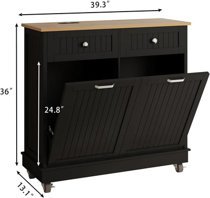 20 Gallon Tilt Out Trash Cabinet, Wooden Kitchen Trash Can Cabinet with Hideaway Drawer, Freestanding Laundry Hamper Garbage Recycling Cabinet on Wheels, Pet Proof, Double, Black