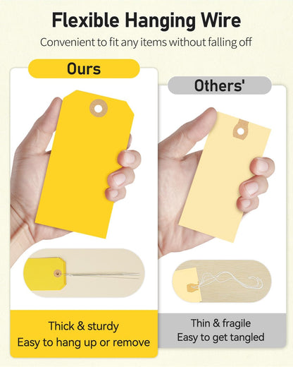 Uniclife 100 Pcs Yellow Blank Shipping Tags with Wire Attached 4.7 Inch Paper Tags Hang Tag with Reinforced Eyelet Large Marking Label Writable Price Tags Inventory Label Tag, 4.7" x 2.36"