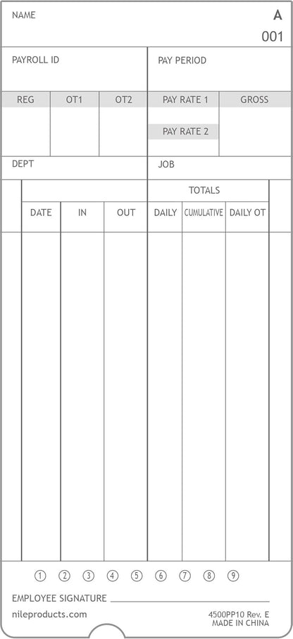 Nile Products - Authentic Time Cards for Nile Products 4500PP Compatible [ 4500PP10MB ] Electronic Calculating Time Clock, Double Sided Time Sheets (3.37 x 7.37 Inches) - 1000 Time Cards