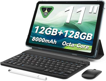 Tablet 11 inch Android 15 Tablets | Octa-core | 12GB RAM+128GB ROM | 8000mAh Tablet with Keyboard | Mouse | Case | Dual Band WiFi | BT 5.0 | GPS | 13 MP Dual Camera (Blue with Keyboard)