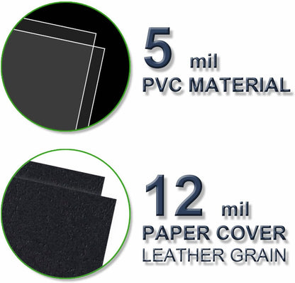 100 Pack Binding Covers Set, 8.5x11 Inches, Including 50 Pcs 5 Mil Clear PVC Binding Covers, 50 Pcs 12 Mil Black Paper Leather Textured