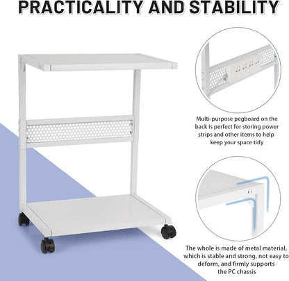 PC Stand Computer Tower Stand 2-Tier Metal CPU Holder with Locking Caster Wheels Suitable for Most PC (S,White)