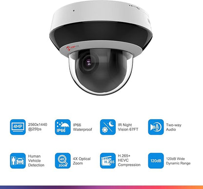 Anpviz 4MP PoE PTZ IP Camera with 4X Optical Zoom, Perimeter Protection, Human Vehicle Detection, 2560x1440@30fps, H.265+ Dome Security Camera, Built-in Audio, 330° Pan 90° Tilt, Card Slot, 120dB WDR