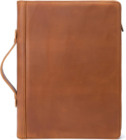 Genuine Leather Portfolio 3 Ring Binder with Clipboard, Hidden Handle, 8.5 x 11 Zippered Padfolio, Business Organizer Professional Executive Folio for Men and Women, Brown