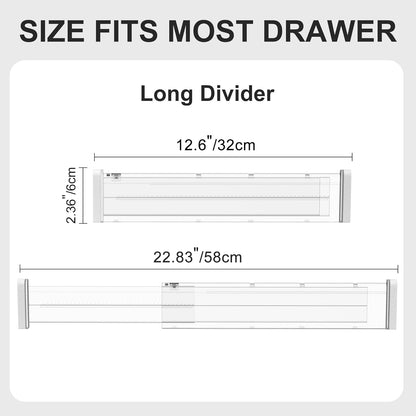 HiYZ Expandable Drawer Dividers - 12.6-22.8'' Adjustable Drawers Organizers for Kitchen Utensils, Drawer Separators in Bedroom, Dresser, Office, Bathroom, Fridge, 8 Pack Long Dividers-Clear