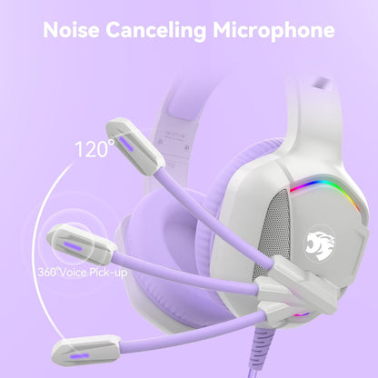Gaming Headset with Microphone for Pc, Xbox One Series X/s, Ps4, Ps5, Switch, Stereo Wired Noise Cancelling Over-Ear Headphones with Mic, RGB, for Computer, Laptop, Mac, Nintendo (White Purple)