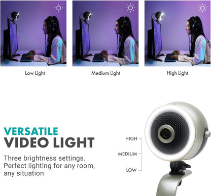 Movo WebMic HD Pro All-in-One Webcam with Mic and Ring Light in Silver- 1080p HD Camera, Pro Cardioid Condenser Microphone, LED Ring Light -HD Webcam for Streaming, Video Calls, Recording, Gaming