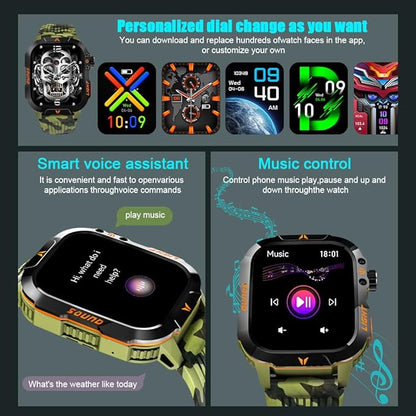 QTLLBT Military Smartwatch, Answer Make Calls LED Flashlight Barometer Compass 2.01HD IP68 Waterproof Outdoor Tactical Watch 100+ Sports Modes Sleep Heart Rate Available for Android iOS (Steel Band)
