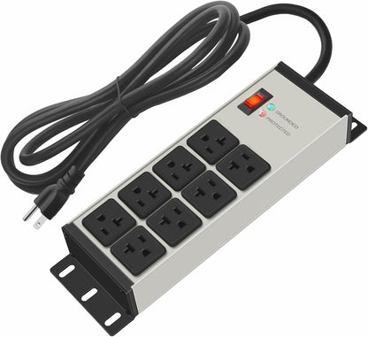 CCCEI Magnetic Heavy Duty Power Strip Surge Protector 20Amp, 12 Gauge High Amp Extension Outlets, Garage Wall Mount 8 Plug Metal Power Strip. 25FT, Grey, 5-15P Adapter 6-20R T-Slot 20a for Appliance