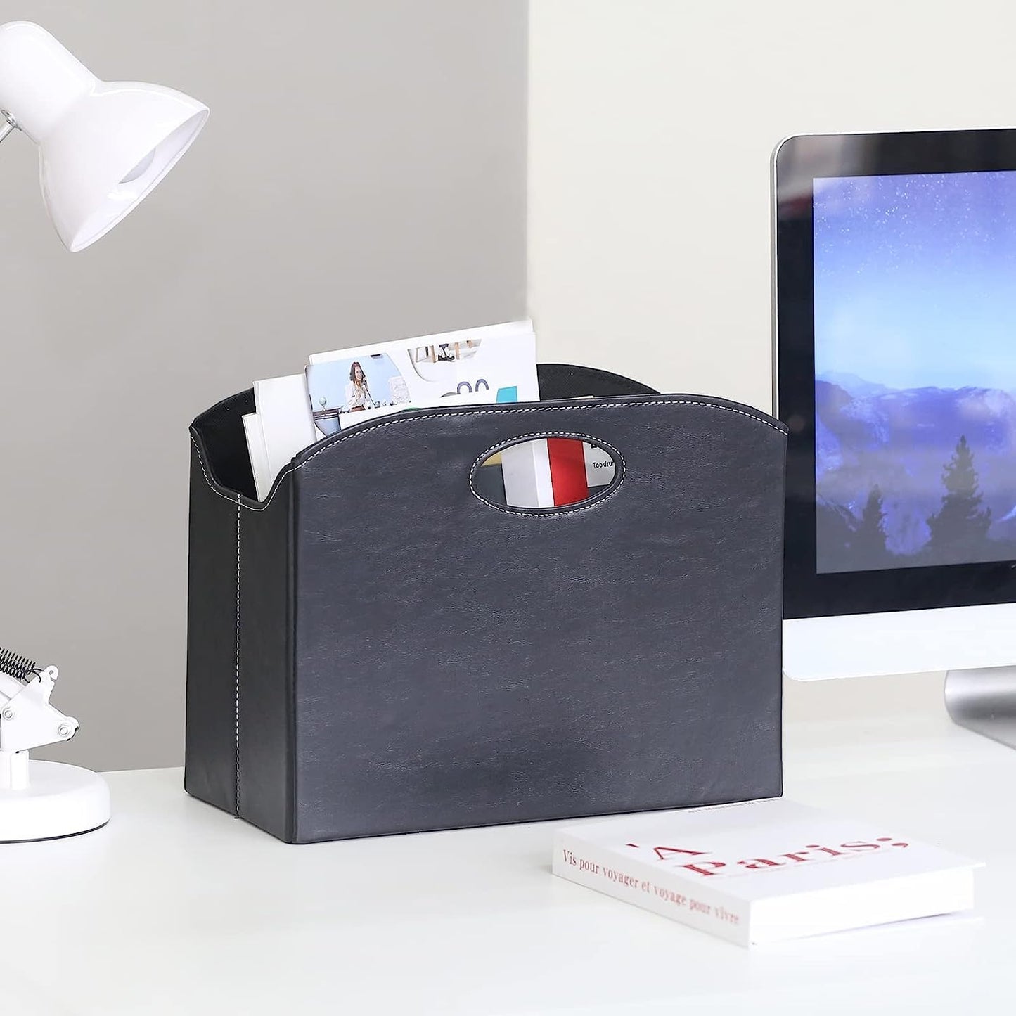 EZDeco Magazine Holder Foldable Magazine Rack Floor PU Leather File Holder Newspaper Book Storage Basket Document File Folder Organizer for Office Home (Black-2)