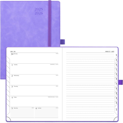 POPRUN Planner 2025-2026 Weekly Notebook (Medium 6.5''x 8.5'') Academic Calendar (JUL.25 - JUN.26) Appointment Book with Monthly Tabs, Leather Soft Cover, Inner Pocket, 100 GSM - Lilac