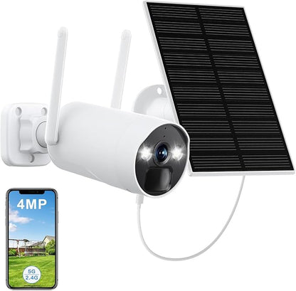 CAMCAMP 4MP Wireless Solar Powered security cameras outdoor, 2.5K 5G WiFi Battery Camera w/Solar Panel Base, Spotlight Color Night Vision, Smart Person Detection, SD/Cloud Storage, No Hub Needed, Home
