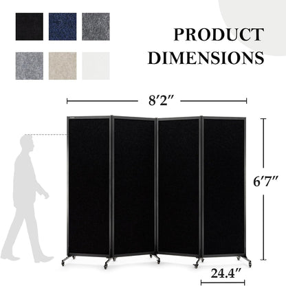 Upgrade Version Room Partition and Divider, Freestanding Rolling Dividers with Wheels,Office Privacy Screen Divider Wall,Classroom Felt Dividers,8'2"L* 6'7"H,4 Panel，Black