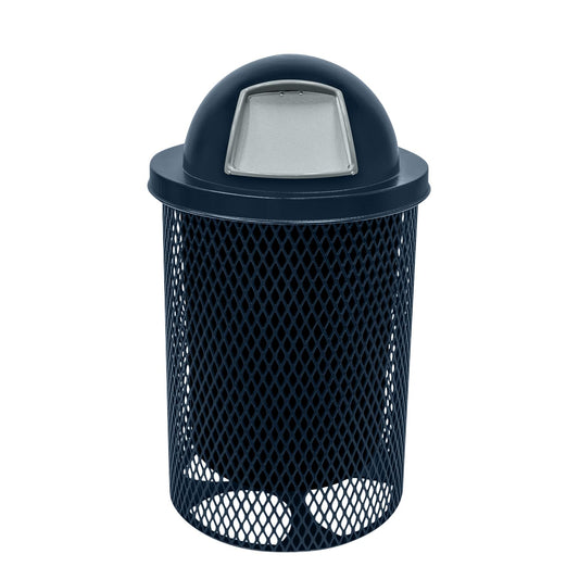 RDT-DBL Heavy Duty 32 Gallon Round Trash Receptacle, Liner Included, Dark Blue with Black Dome, Made in America