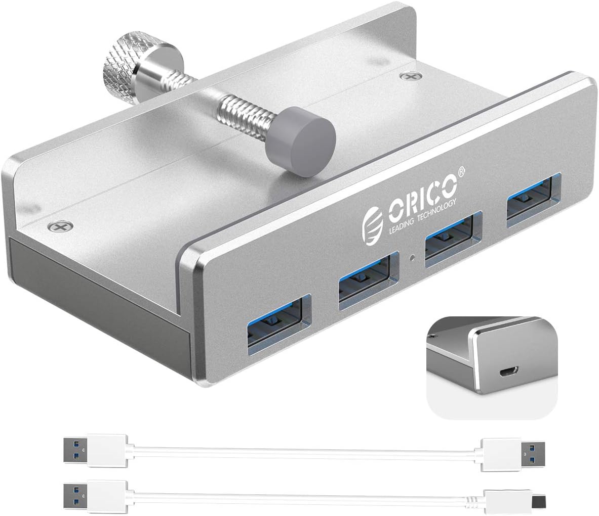 ORICO USB 3.0 Hub Clamp - Aluminum 4-Port USB Splitter With Extra Power Supply Port, 4.92 FT USB A to C Cable, Desktop Powered Hub for Monitors/Desks - Silver
