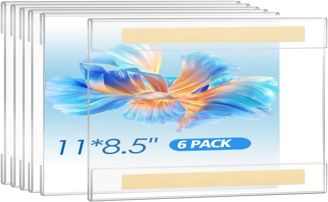 6 Pack 11x8.5 inch Acrylic Sign Holder, Horizontal Clear Plastic Frame for Paper, Wall Mount Sign Holders with Double Side Tape Adhesive for Home, Office, Store, Restaurant