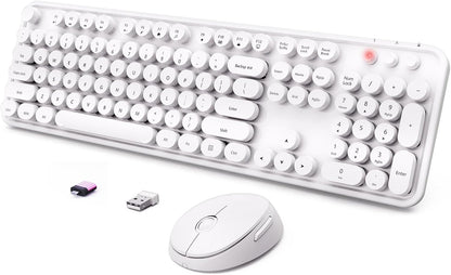 Wireless Keyboard and Mouse Combo, Ergonomic Full Size Typewriter Retro Round Keycaps Keyboard, Compatible with Windows, PC, Perfer for Home and Office Keyboards（White）