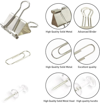 Silver Binder Clips and Paper Clips Push Pins Tacks Sets, Total 72 PCS Assorted Sizes Office Supplies Set for Women, Student, School, Home & Desk Supplies