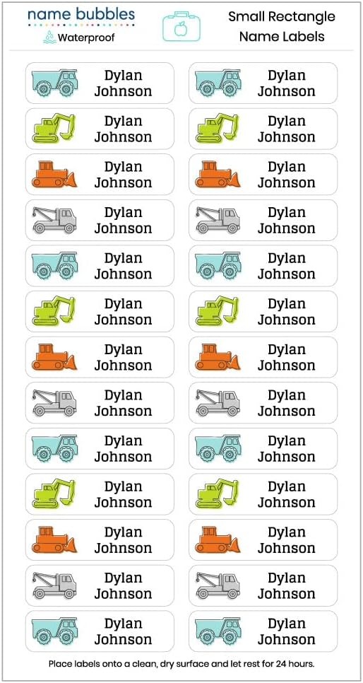 Name Bubbles - Custom Small Rectangle Name Labels for Kids (64 Labels) - Personalized Waterproof Name Stickers for Daycare, Lunch Boxes, Water Bottles, Shoes, School Supplies, & Camp (Truck)