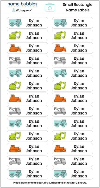 Name Bubbles - Custom Small Rectangle Name Labels for Kids (64 Labels) - Personalized Waterproof Name Stickers for Daycare, Lunch Boxes, Water Bottles, Shoes, School Supplies, & Camp (Truck)