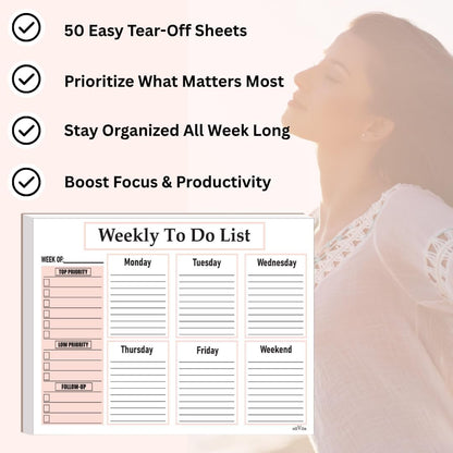 Weekly To Do List Notepad - Weekly Planner Notepad, ADHD Planner for Adults, 50 Tear-Off 8.5" x 11" Sheets, Extra Thick Backing