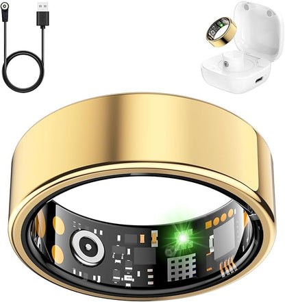 Smart Health Ring for Women Men, Fitness Tracker Ring with Heart Rate, Blood Oxygen, Sleep Tracker, Step Tracker, No Subscription Fee, IP68 Waterproof Smart Ring for iPhone & Android (Gold, 8#)