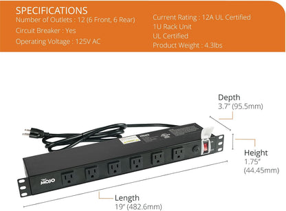 Tecmojo 1U Rackmount Network-Grade PDU Power Strip, 12 Wide-Spaced Right Angle Outlets, Circuit Breaker 12A (UL Certified 12A) 6ft Cord w/ 5-15P Plug, Black