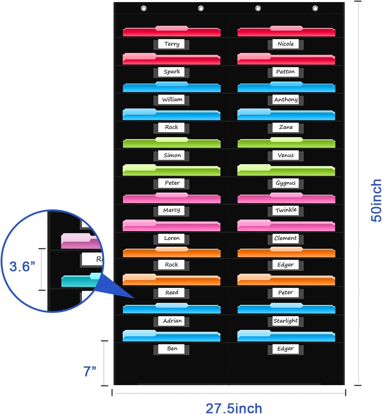 REGELETO 24 Pocket Storage Chart with Nametag Pockets, Hanging Wall File Organizer for Classroom and Office, Black