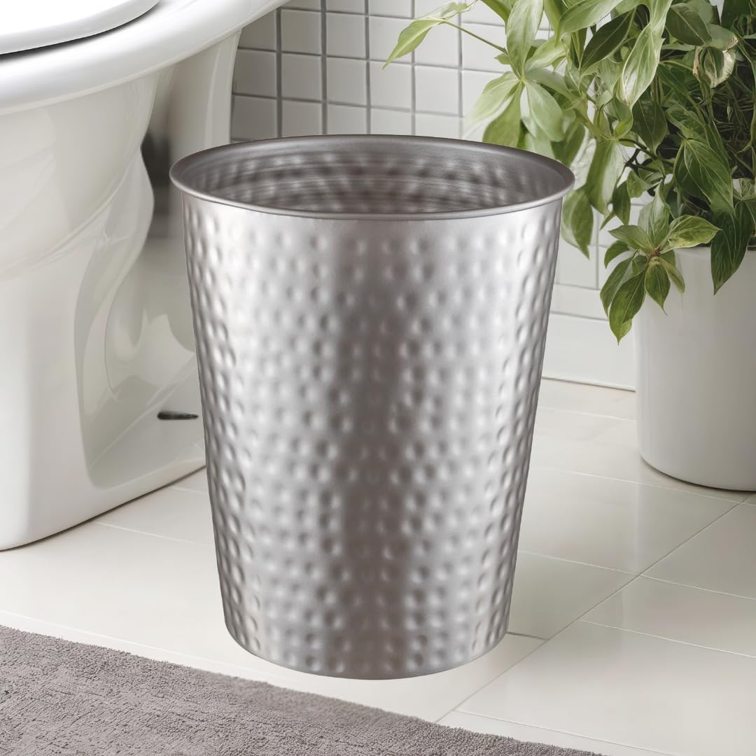 Monarch Abode Pewter Hand Hammered Metal Wastebasket for Home Office Bedroom, Decorative Waste Basket, Modern Bathroom Garbage Can, Durable & Decorative Trash Bin, Pewter Bathroom Trash Can
