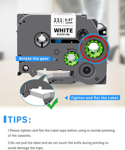 6-Pack Compatible for Brother P Touch TZ Label Tape TZe-231 131 431 531 631 731 12mm 0.47 Laminated Multi Color for P Touch PT-H110 PTD210 PTD220 PTD600, Clear/White/Red/Blue/Yellow/Green
