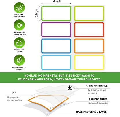 SVNOOC Removable Dry Erase Labels Reusable Sticky Notes 24pcs Name Tag Label Plate Rainbow Nano Sticker in 12 Colors for Whiteboards Locker Fridge School Office Home (2-x-4-inch)
