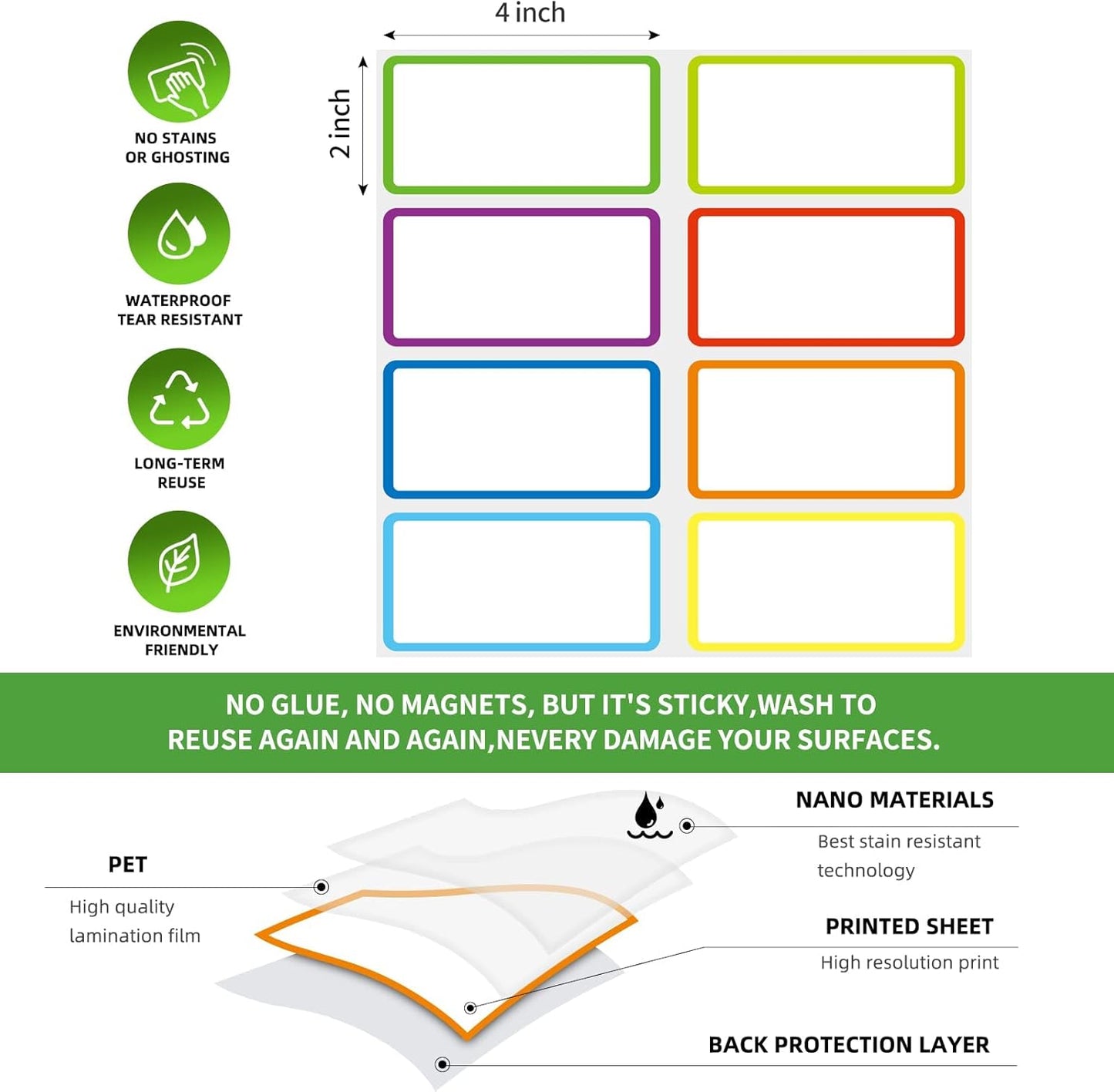 Reusable Dry Erase Labels Sticky Notes for Storage Bins Organizing Jar Pantry, Waterproof Removable Label Stickers for Kitchen Office School All Purpose Use (2 * 4 inches 8 Colors)