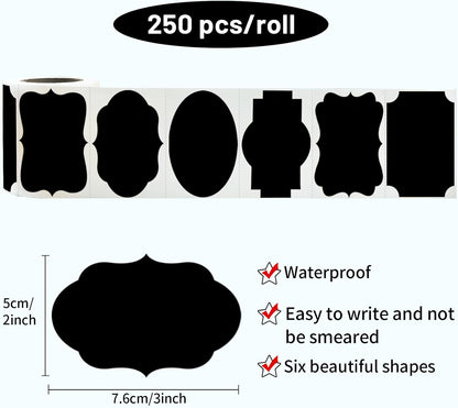 Black Labels Stickers, 250 PCS 3" x 2" Fancy Shape Sticker for Storage Box or Food Jars Holiday Present Christmas Gift Tags