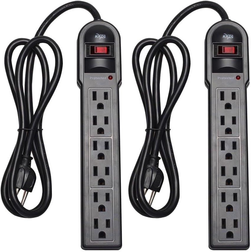 KMC 6-Outlet Surge Protector Power Strip 2-Pack, 900 Joules, 4-Foot Extension Cord, Overload Protection, Black