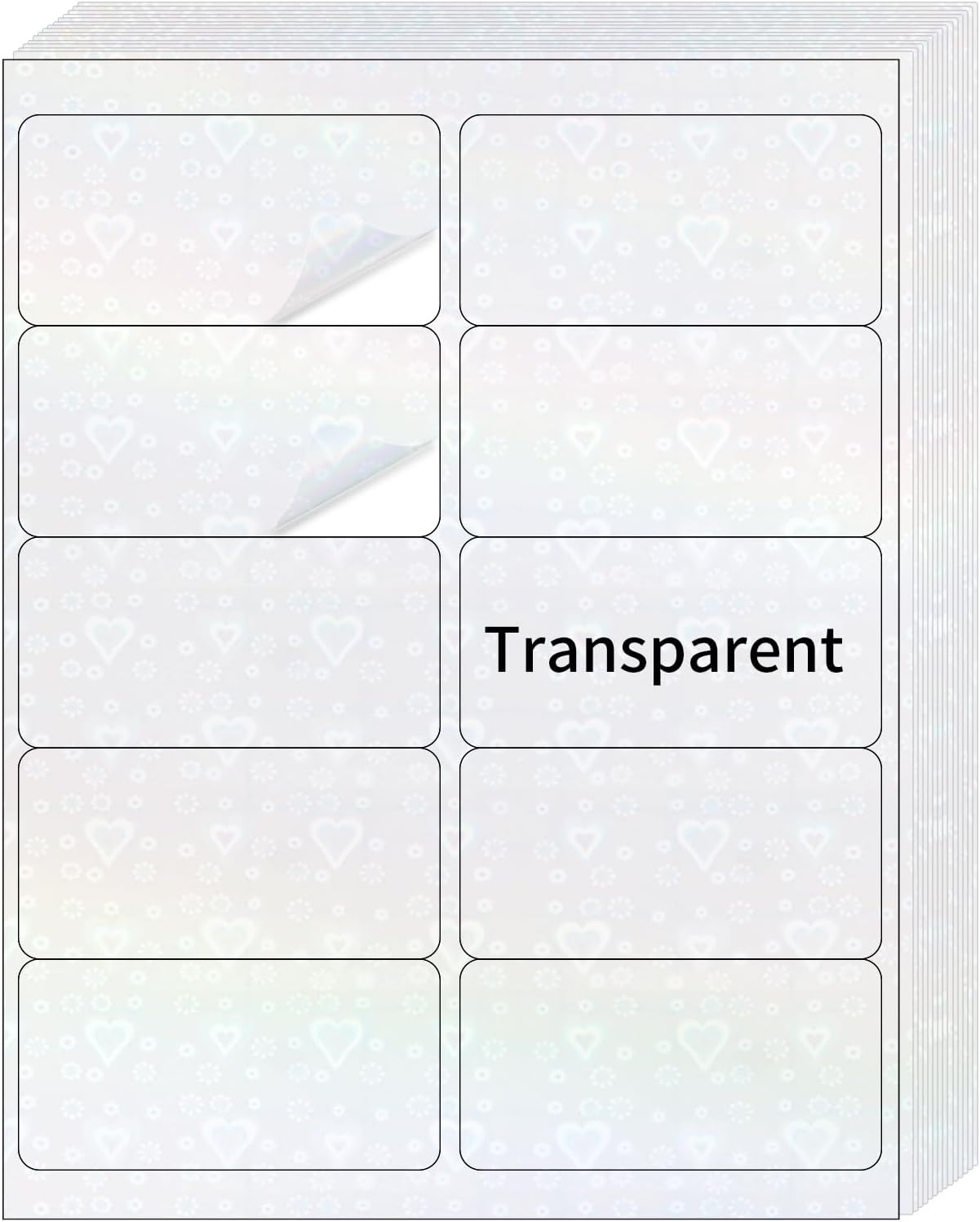 STARLIBOO Transparent Stickers Labels - 2" x 4" Clear Address Labels Mailing Stickers for Laser/Inkjet Printer 8.5"×11"- 20 Sheet (Clear Holographic Heart)