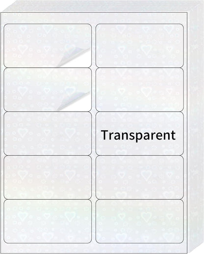 STARLIBOO Transparent Stickers Labels - 2" x 4" Clear Address Labels Mailing Stickers for Laser/Inkjet Printer 8.5"×11"- 20 Sheet (Clear Holographic Heart)