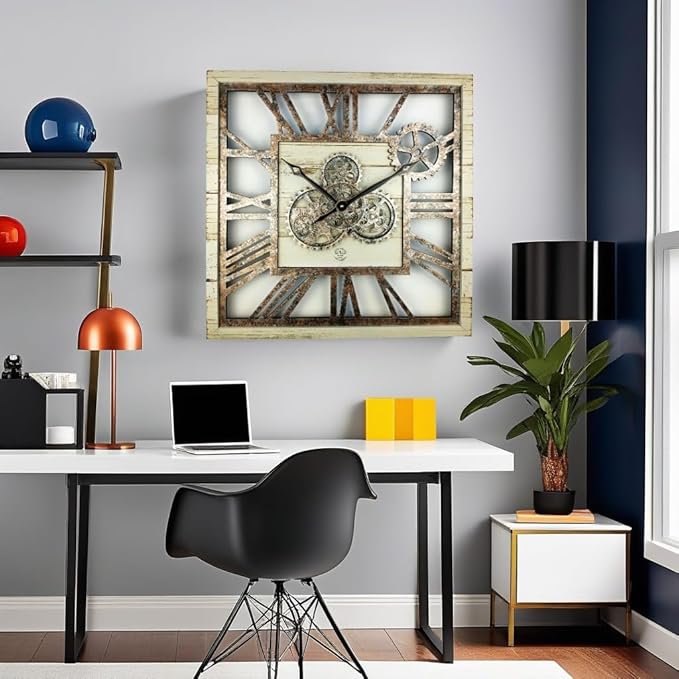 ImprovingLife The Gears Clock 24'' Inch Square Real Moving Gear Wall Clock Vintage Industrial Oversized Rustic Farmhouse (Desert Beige)