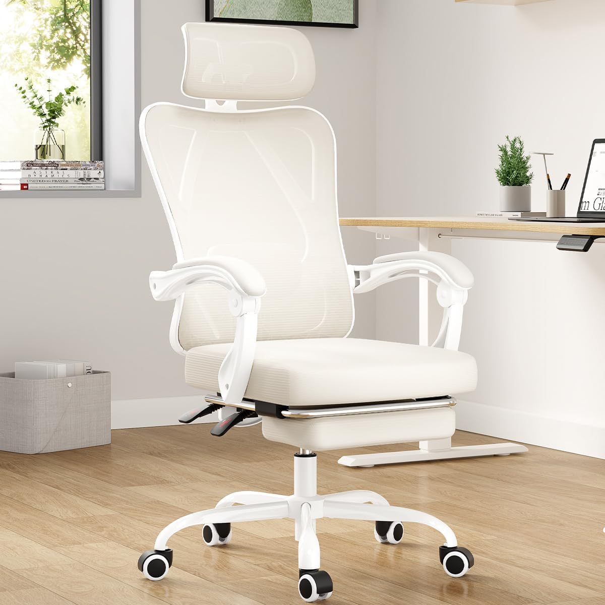 Farini Ergonomic Office Chair with Footrest, Mesh Office Desk Chair with Headrest, High Back Computer Chair with Adjustable Lumbar Support for Home Office Study Room Bedroom, White & Beige