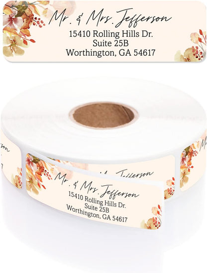 Rust Orange Floral Rolled Address Labels / 500 Personalized Return Address Labels/Designer Address Stickers in Elegant Plastic Dispenser
