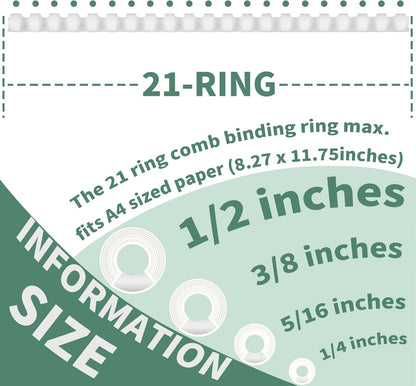 Plastic Binding Combs, Mixed Size, 21rings, 1/4in, 5/16in, 3/8in, 1/2in, Binding Capacity 20-90 Sheets, Max. Binding A4 Size Paper, White, Pack of 100
