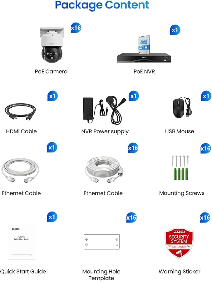 ZOSI C290 4K 16CH POE Security Camera System for 24/7 Recording, 16 x 8MP Wired PoE IP Cameras Outdoor, 360 View, AI Human/Vehicle/Face Detection, Two-Way Talk, Siren Alarm, Auto Tracking, 4TB HDD