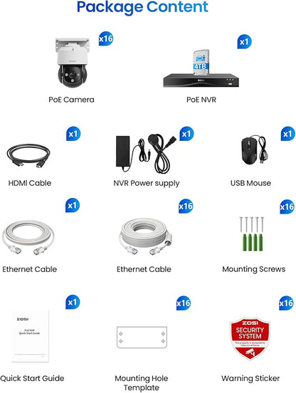 ZOSI C290 4K 16CH POE Security Camera System for 24/7 Recording, 16 x 8MP Wired PoE IP Cameras Outdoor, 360 View, AI Human/Vehicle/Face Detection, Two-Way Talk, Siren Alarm, Auto Tracking, 4TB HDD