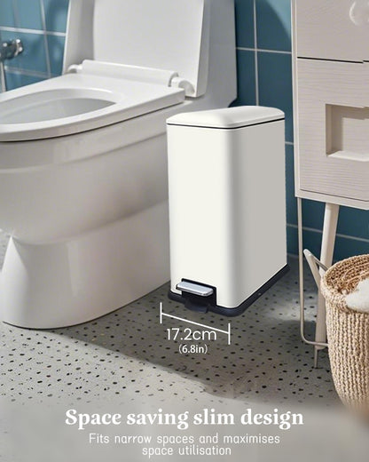 Trash Can with Lid, 10 L Bathroom Waste Bin, Small Pedal Bin, Stainless Steel Garbage Can for Bathroom, Bedroom and Office, White