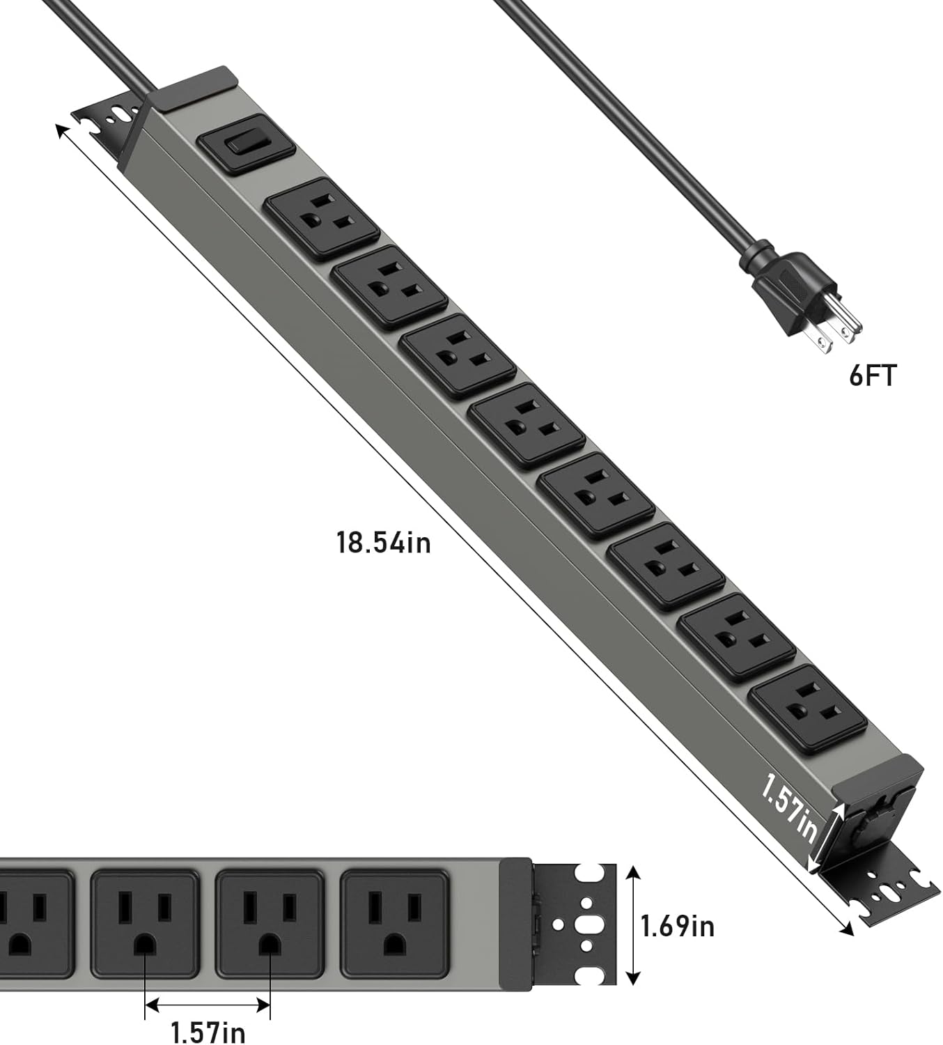 JUNNUJ Heavy Duty Power Strip 8 Outlet Wall Mount, Metal 20 Amp Surge Protector 1200J, Garage Industrial Outlets 6-20R T-Slot, 6FT 12AWG Extension Cord.