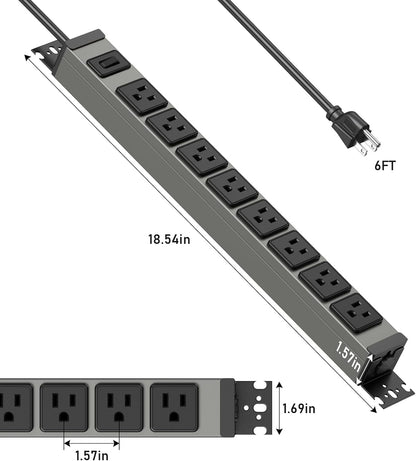 JUNNUJ Heavy Duty Power Strip 8 Outlet Wall Mount, Metal 20 Amp Surge Protector 1200J, Garage Industrial Outlets 6-20R T-Slot, 6FT 12AWG Extension Cord.