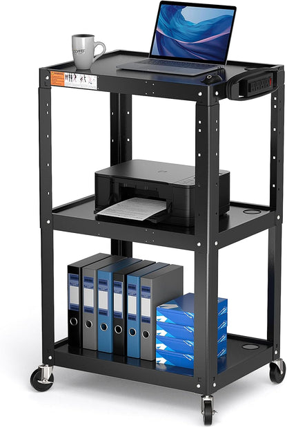 3 Shelf Metal Utility Cart with Wheels & Power Strip - Steel Mobile AV Cart for Video Projector, TV, Laptop, Computers, Printers - Height Adjustable Media Carts for Office Classroom Warehouse