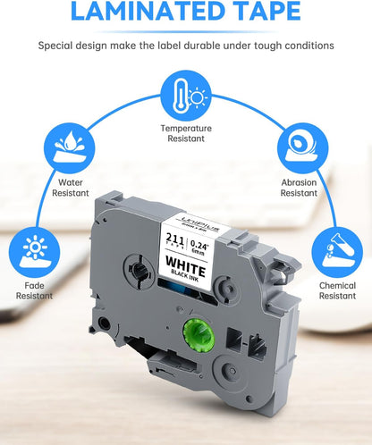 Compatible with Brother Label Tape TZe TZ Tape 6mm 0.23" TZe-111 TZe-211 TZe-411 TZe-511 TZe-611 TZe-711 Laminated Tape Work for P Touch PT-D210 PT-H110 PTD400 PTD600 PT1280 PTP300BT, 6-Pack